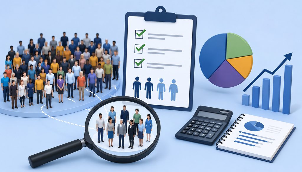 Survey sample size analysis with selected participants and charts