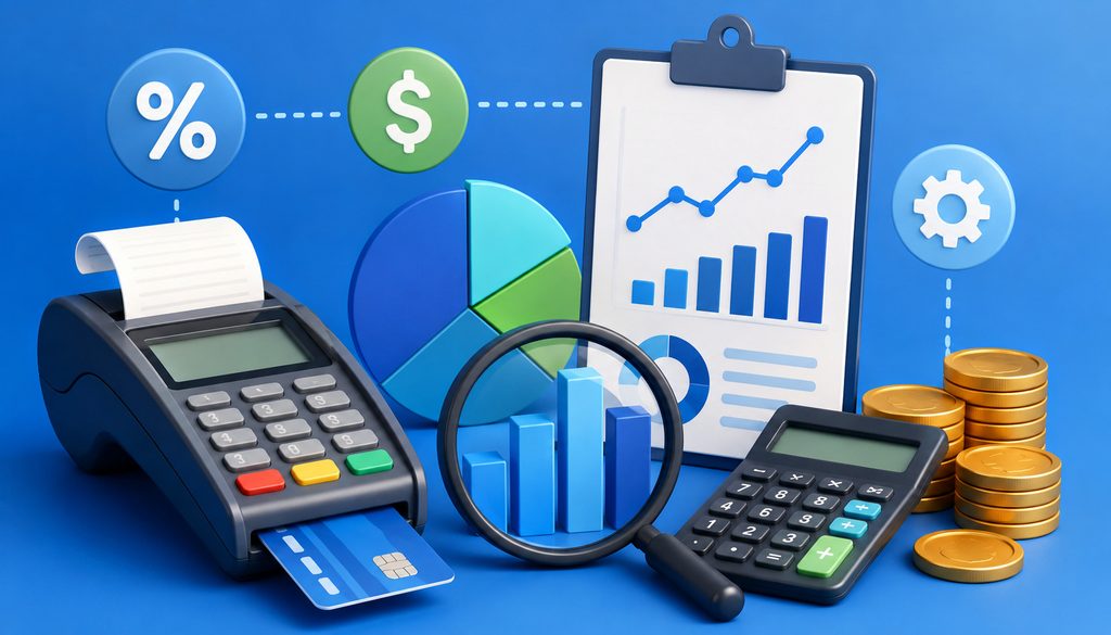 Effective processing rate analysis with payment terminal, charts, calculator, and transaction cost icons